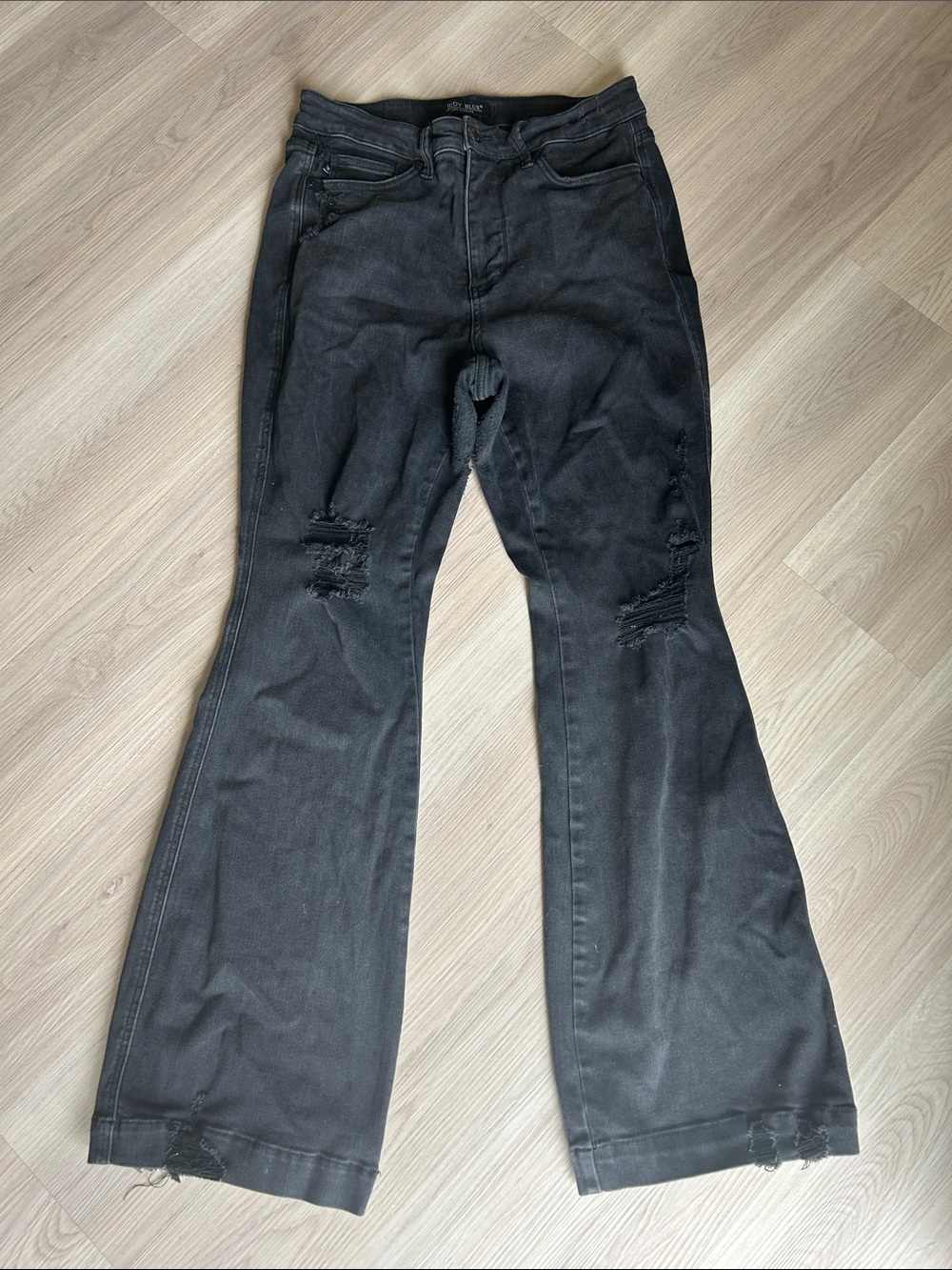 Judy Blue Distressed Flare Jeans 14W Black Stretch Denim Classic Casual